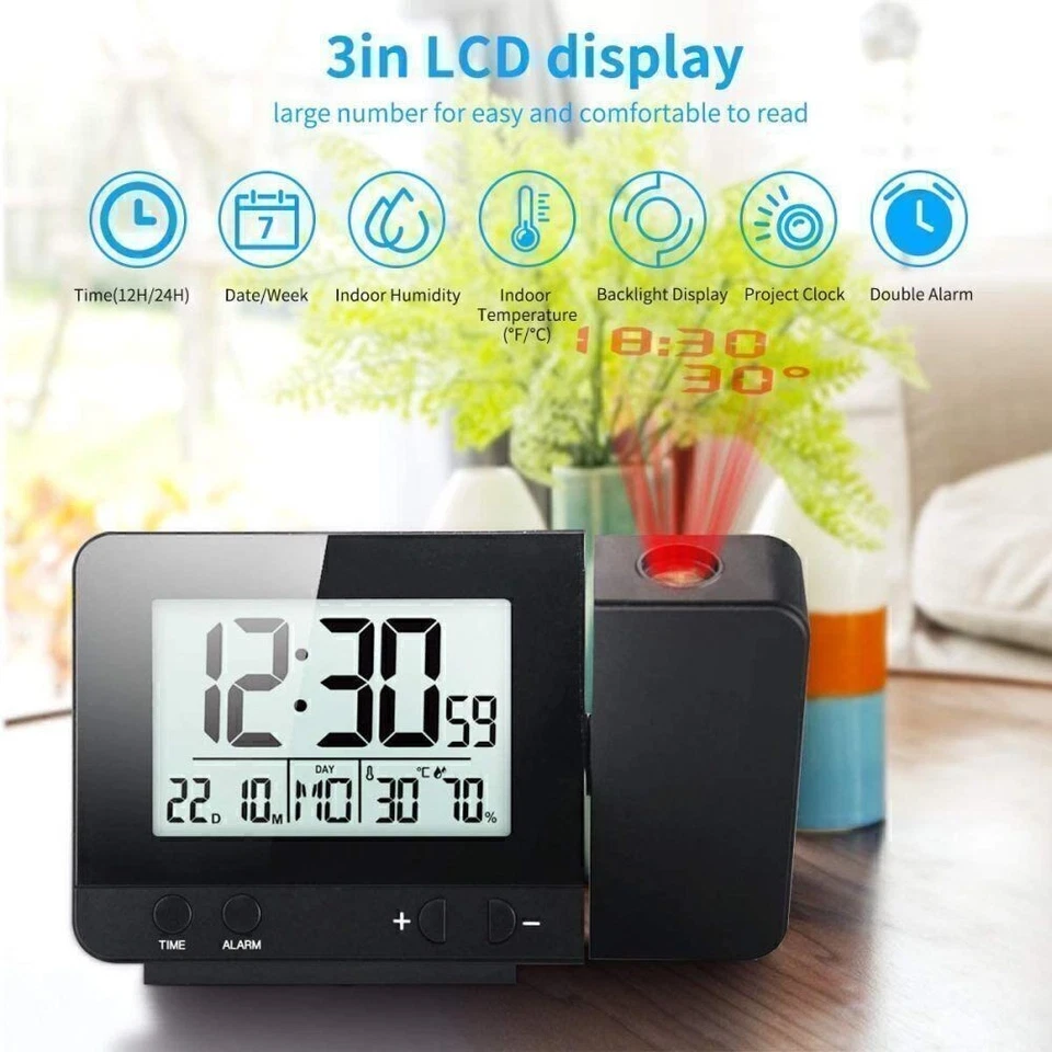 LED Projektionswecker Funk Digitalweckemit USB Uhr Tischuhr Snooze Dimmbar DE - Bild 3 von 4