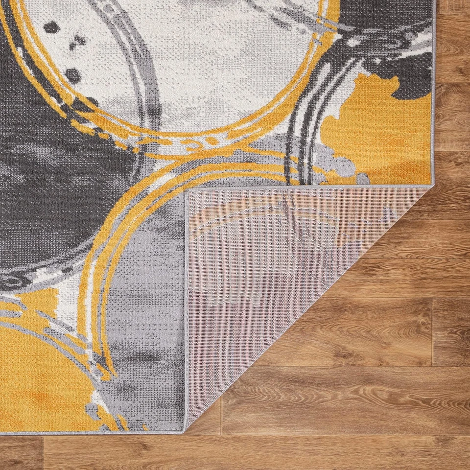 Evora Modern Yellow Runner Rug, Contemporary Circles Design, Non-Shedding Car... - Image 4 of 4