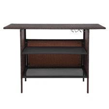 In/Outdoor Rattan Wicker Bar Counter Table Shelves Patio Furniture 2Cup Holders