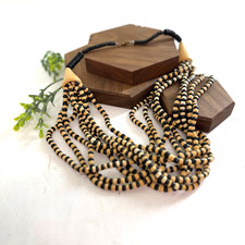 Vintage Boho Tribal Statement Beaded Necklace Black Natural Wood Multi Strand