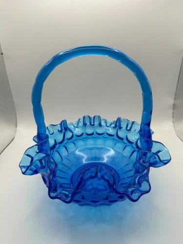 Fenton Glass Basket Thumbprint Colonial Blue Ruffled 8” Large, EUC