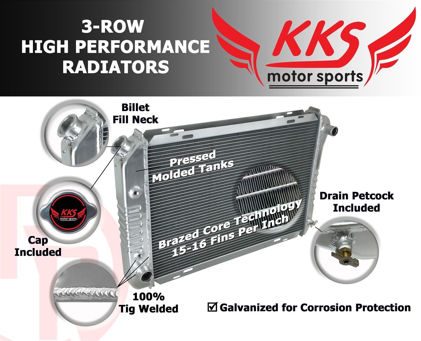 Stamped Radiator KKS POLISHED 3 ROWS STAMPED ALUMINUM RADIATOR 63 64 65 66-72 CHEVY ...