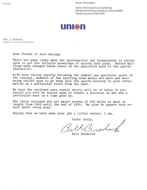Union Oil Union 76 Race Results from 1949 to 1970. Compiled by Bill Broderick