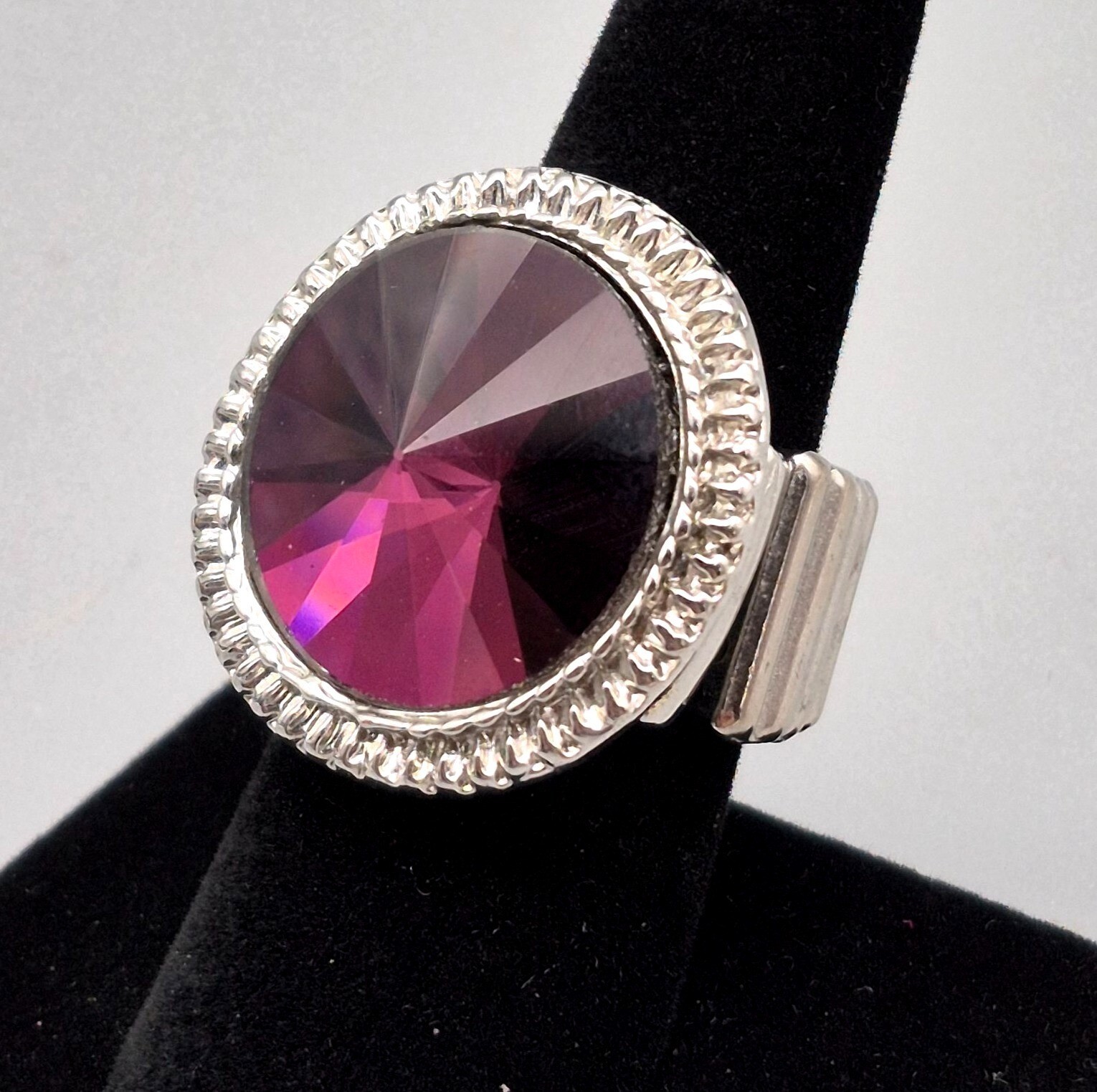 Large Statement Circular Purple Crystal Ring Silv… - image 2