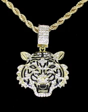 Mens Iced Cz Mighty Tiger Pendant 14k Gold or Silver Plated 24" Necklace Hip Hop