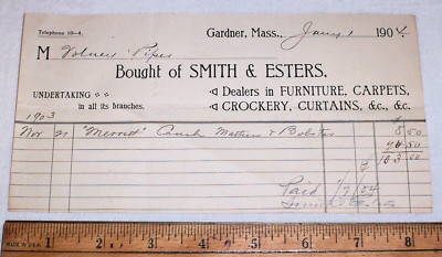 1903 Billhead Smith & Esters Furniture and Undertaking , Gardner Massachusetts