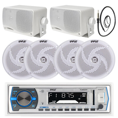 Pyle Marine USB Bluetooth Boat Radio, 4x 4'' Speakers, Antenna, 2x 3.5'' Speakers
