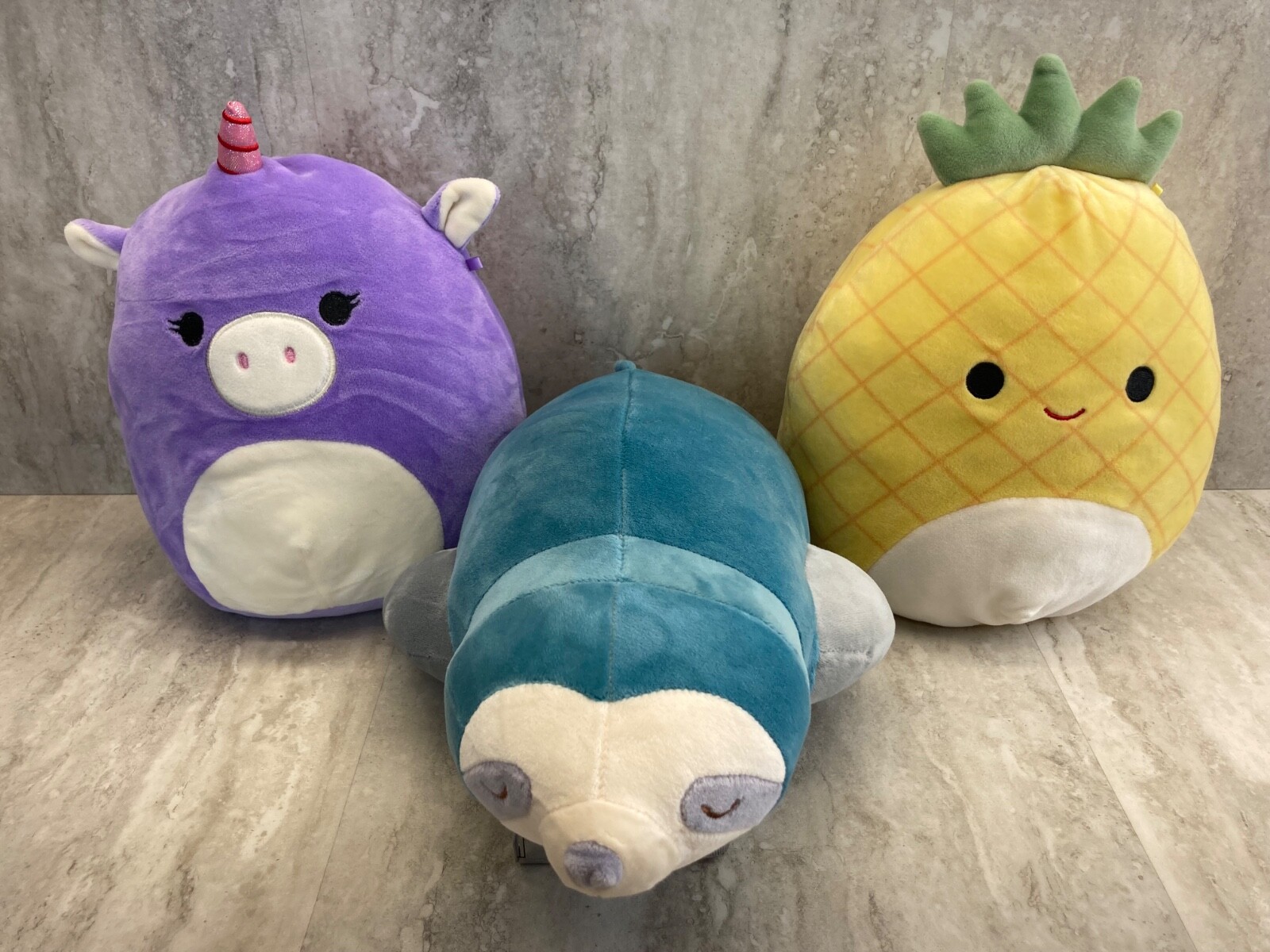 Squishmallows - Crawing Blue Sloth - Unicorn Pig & Pineapple - Lot of 3