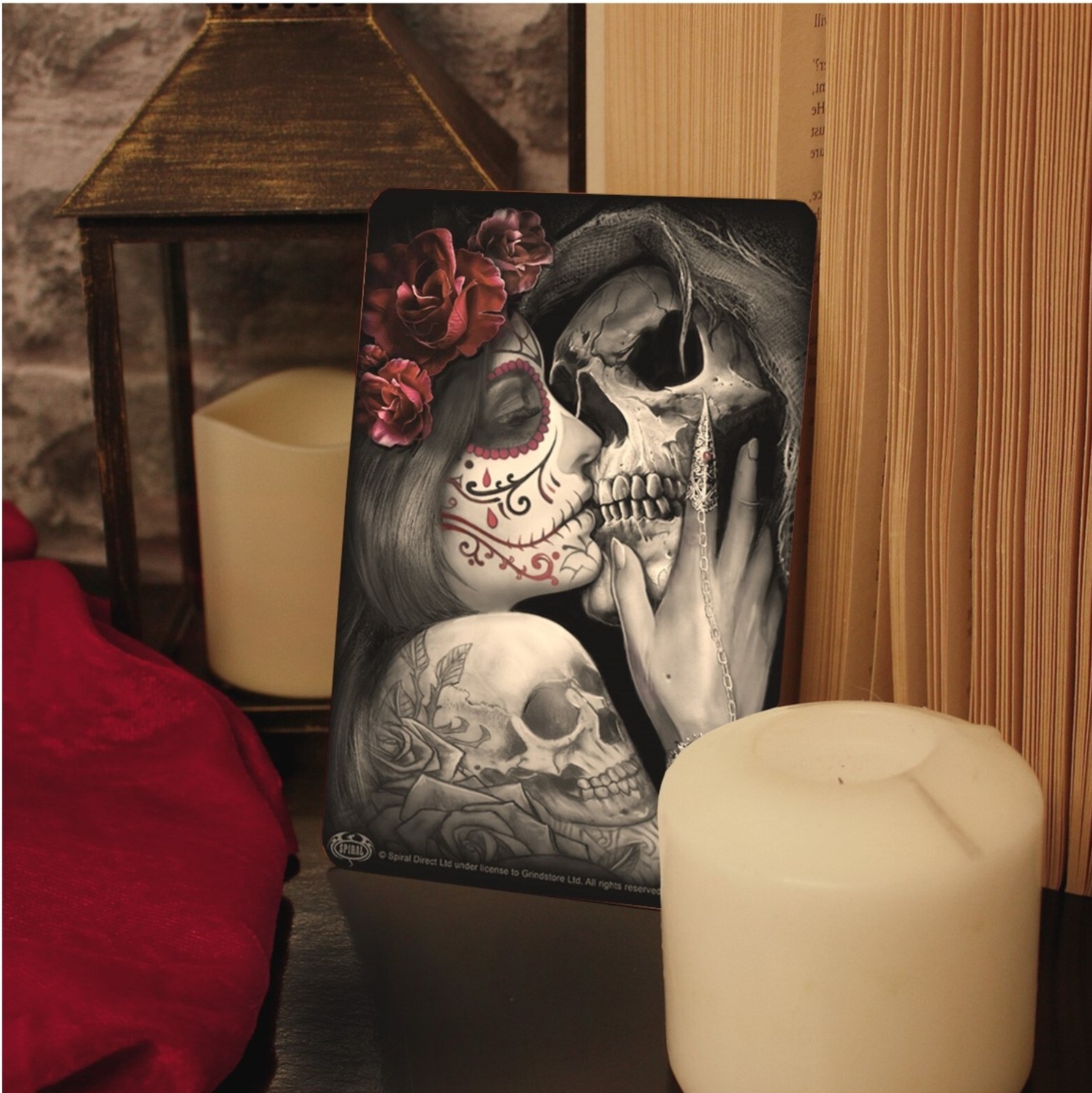 Small Tin Sign: SPIRAL DEAD KISS: grim reaper death skull skeleton tattoo gift