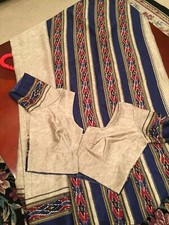Ivory/Blue Fancy Designer Satin Crepe silk Bollywood sari stitched blouse Fall