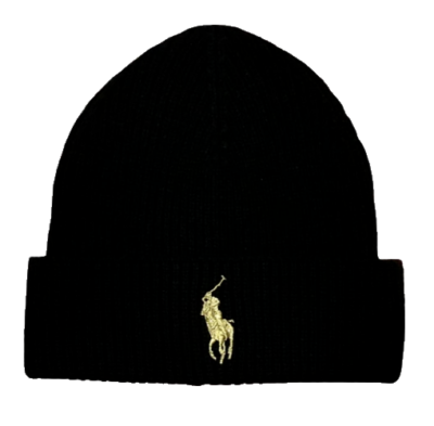 NEW POLO RALPH LAUREN Adult Big Pony Cuffed Beanie-Black/Gold