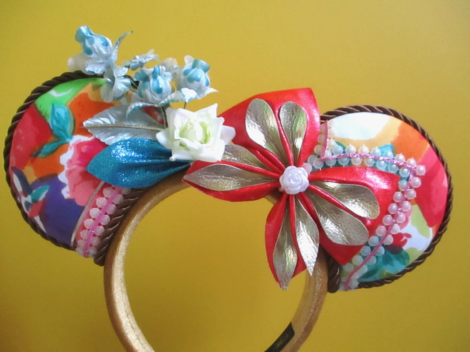 Diadema Disney Orejas de Minnie Hecha a Mano Asimétrica Coral Dorado Teal Blanco Foto 2 de 4