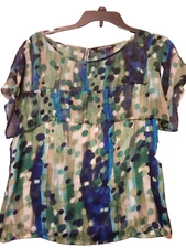 Zac & Rachel Women's Sleeveless Blouse Size PM Petite Top Blue Green Circles