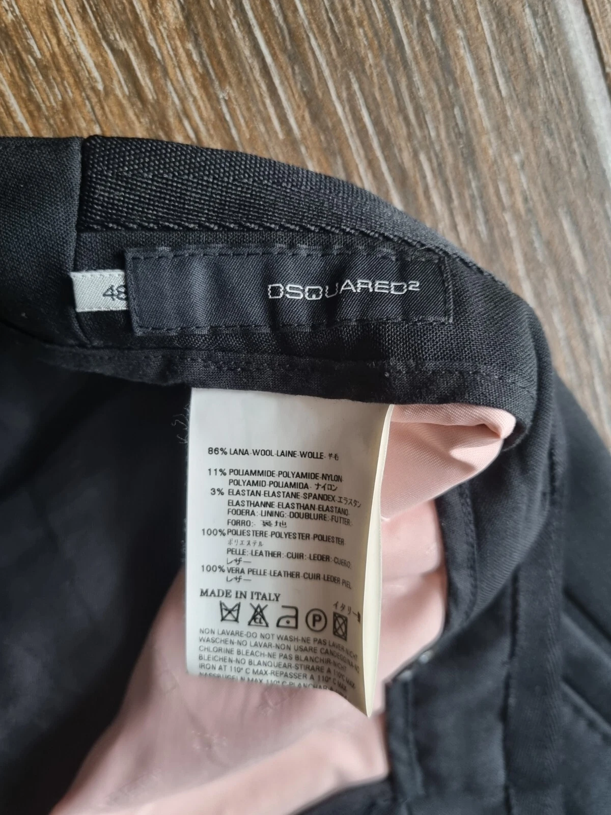 Dsquared2 pantaloni neri formali in lana con dettagli in pelle nuovissimi 48