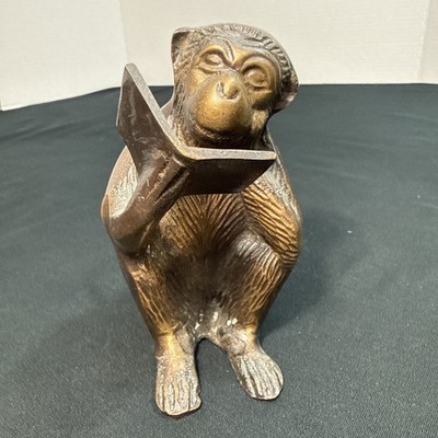 VTG BRASS/BRONZE MONKEY STATUE ART FIGURE HOLDING READING A BOOK 4.75'' PATINA