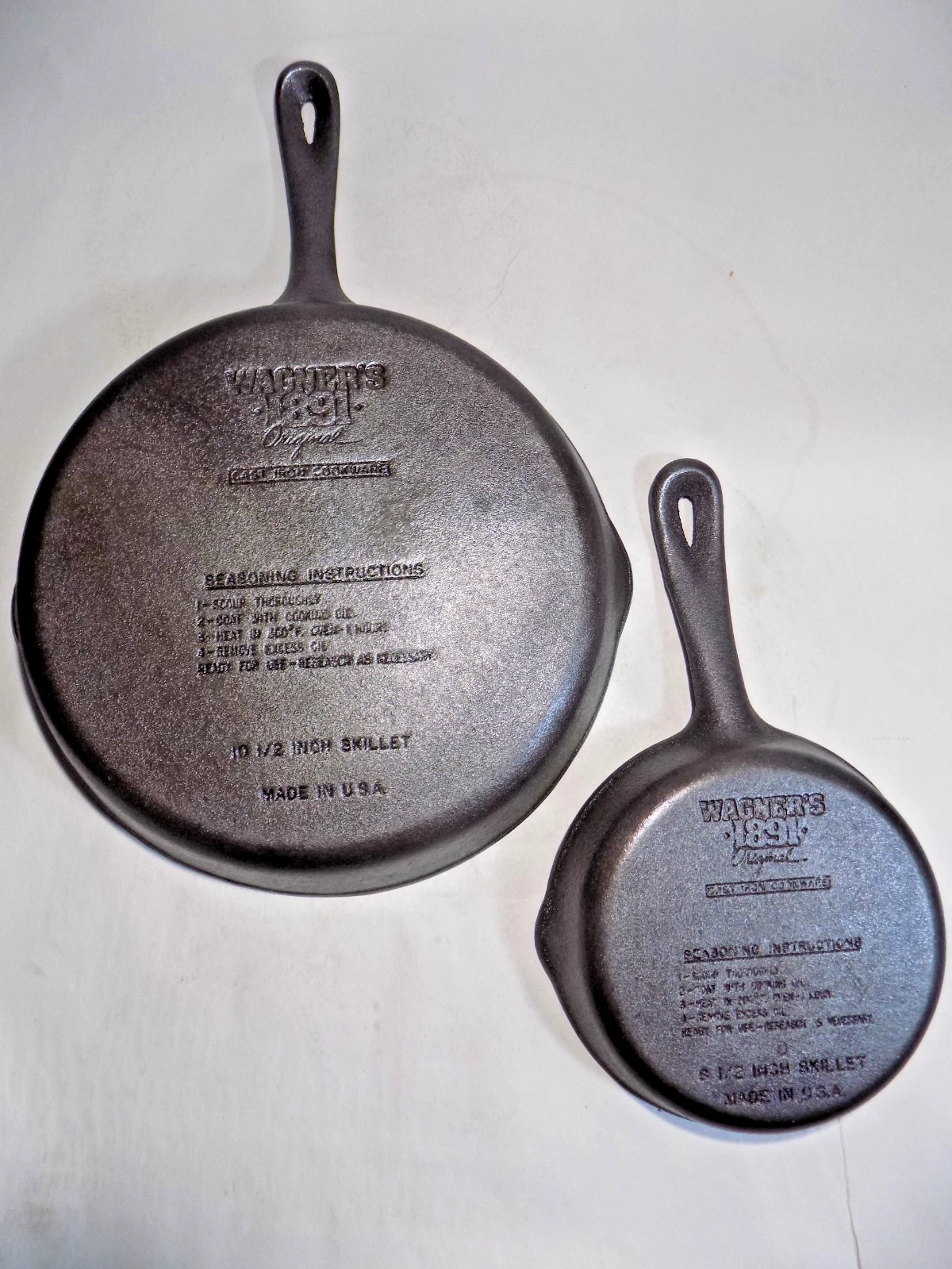 (2) XLNT FLAT Wagner 1891 3&8 Cast Iron Skillets-Restored-No Spin-6.5"/10.5"