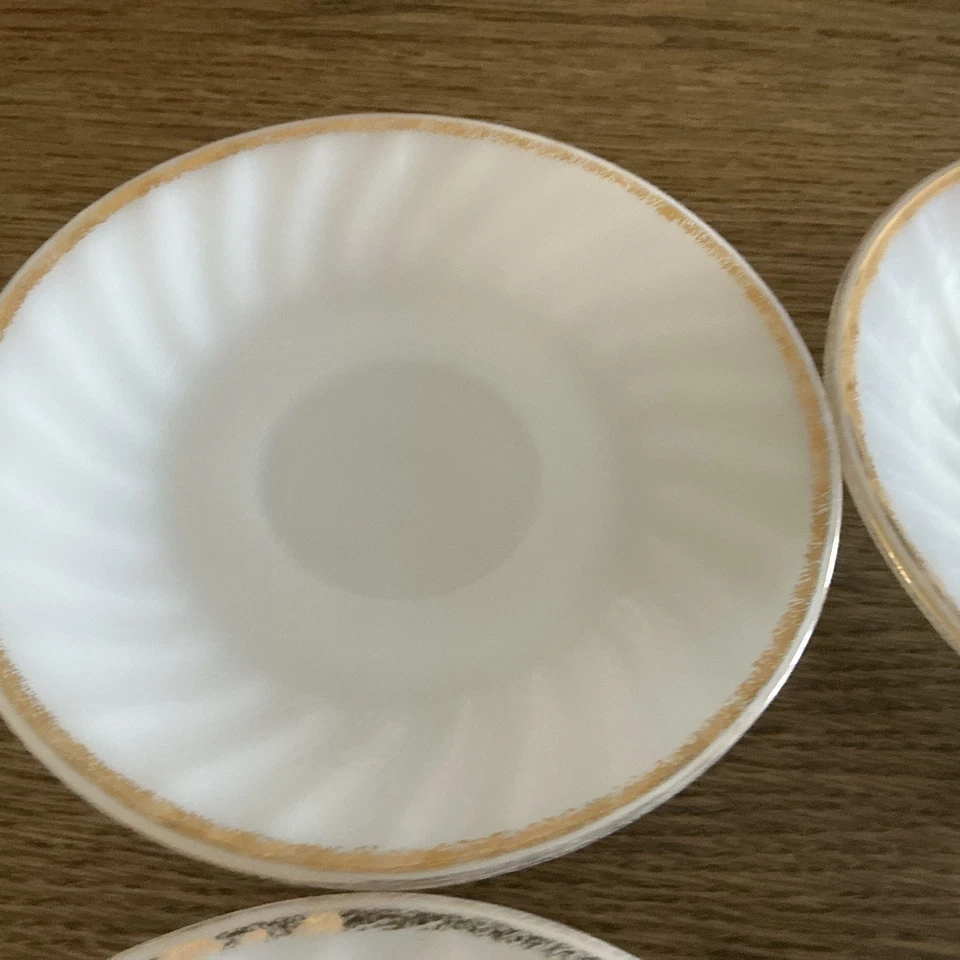 Set of 4 Anchor Hocking Fire-King Milk Glass Swirl White Gold Saucers-Made In US - Image 2 of 4
