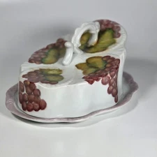 Hand Painted Porcelain Covered Cheese Keeper Dish Grape Design - Signed