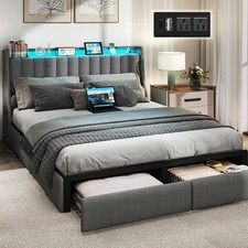 Full Queen Size Bed Frame with 2-Tier Storage LED Headboard and Storage Drawers