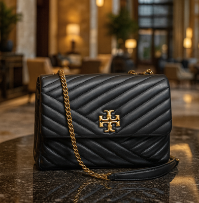 NEW Tory Burch Kira Chevron Black Leather/Rolled Brass Crossbody