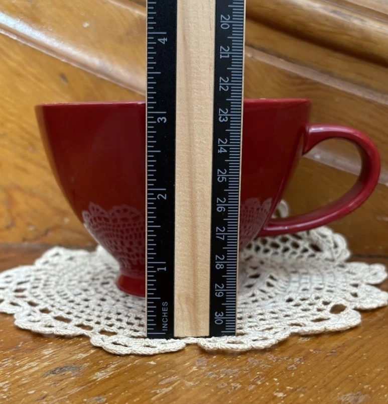 Primitives by Kathy  8 oz Stoneware Mug Red Background w/ White Snowflakes - Image 3 of 4