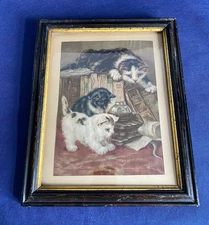 Vintage Framed Print of Adorable Cat & Kittens 14.5" by 12"