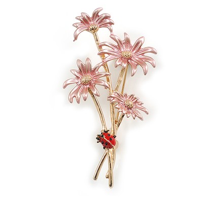 Rosa Emaille Gänseblümchen Floral und rote Emaille Marienkäfer Brosche/Anhänger in goldfarben -