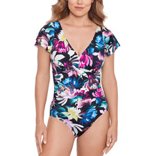 Swim Solutions Women's Floral-Print Flutter-Sleeve One-Piece Swimsuit Sz 16 9289