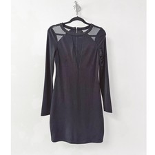 Express Womens Black Long Sleeve Mesh Panel Deep V-Neck Bodycon Mini Dress Small