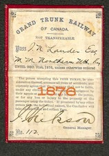 Grand Trunk Railway of Canada - Leather Railroad Annual Pass - 1876