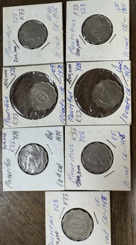 Mauritius 10 Cents Coin Lot 1963 1965 1966 1968 1969 1970 1971 VF-BU 7 Coins