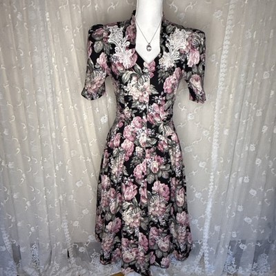 Vintage D.B.Y. Multicolor Floral Cotton Dropped Waist Front Button Dress SZ 7/8