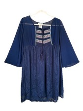 Flying Tomato Women's Navy Blue Dress Boho Baby Doll Large Aztec Embroidered