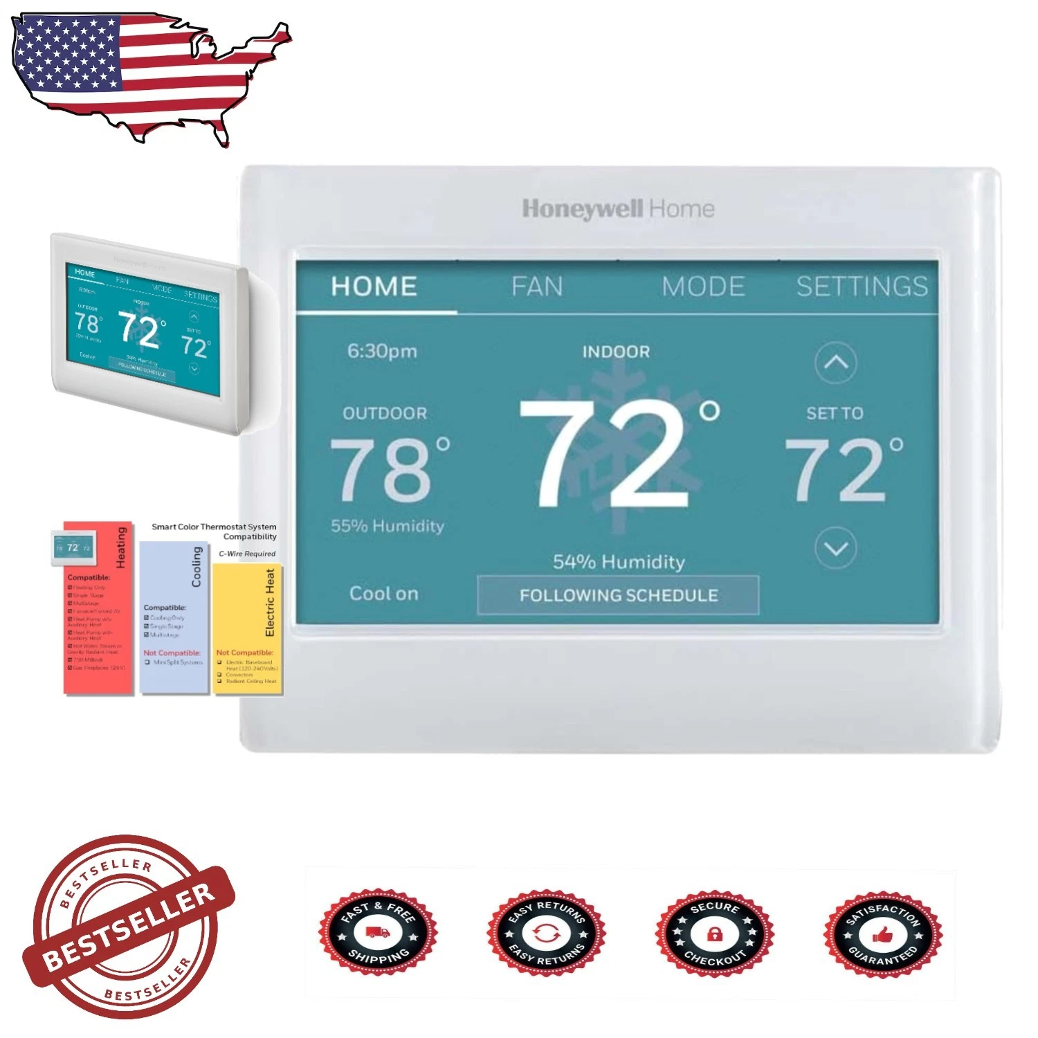 White Smart Thermostat Wi-Fi Programmable Touchscreen Alexa Energy
