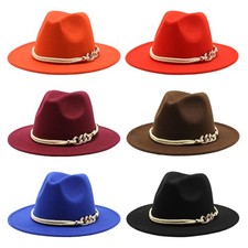 Womens Men Felt Fedora Hat with Gold Chain Decorative Band Elegant Flat Brim Hat