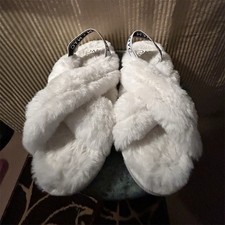 Madden NYC Women's White Faux Fur Slip-On Slippers Size 8 Fur Trim Lined