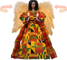African American Angel Tree Topper with Moving Wings, 12-Inch Kente Cloth Lig...