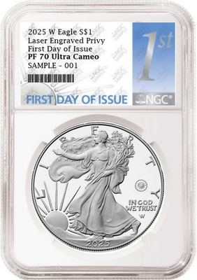 #ad 2025 w laser engraved privy proof silver eagle ngc pf70 first day 1st $254.00