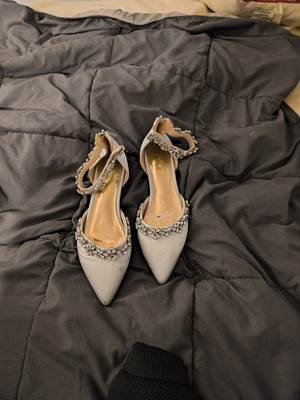FOWT Elegant Satin Crystal Strap Back Zipper D'Orsay White Flats for Women Blue