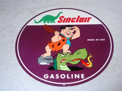 VINTAGE SINCLAIR DINO DINOSAUR GASOLINE & FRED FLINTSTONE 12" METAL GAS OIL SIGN