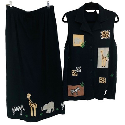 Vintage Y2K Womens Maxi Skirt Set M Applique Zoo Animals Outfit Pockets Artsy