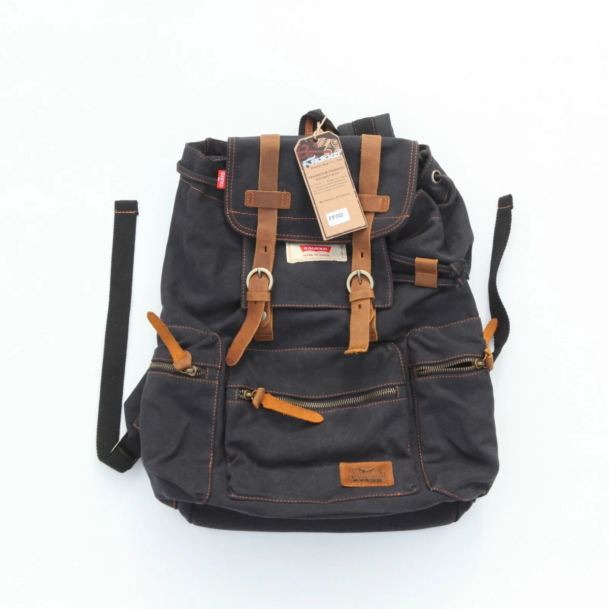 NWT New Kaukko Navy Blue Canvas Backpack Leather Straps JANS