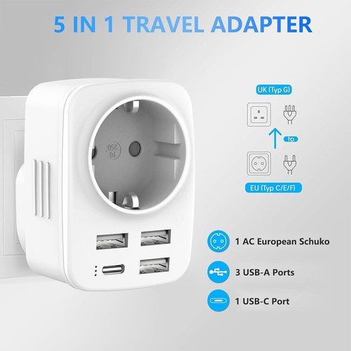 Reiseadapter UK Adapter England Deutschland Stecker mit 1 AC & 1 USB-C & 2 USB-A - Bild 8 von 13