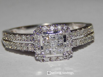 10K MASSIVER WEISSGOLD 1/2 TCW DIAMANT PRINZESSSCHLIFF HALO COCKTAIL RING GRÖSSE 6,75