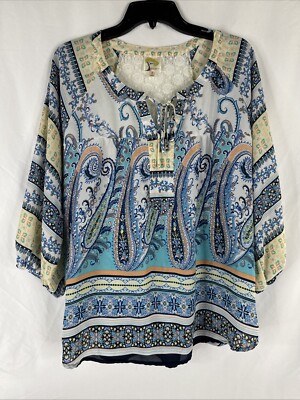 Fig Flower Lace Trim Paisley Top Womens Size L 3/4 Raglan Sleeve BOHO