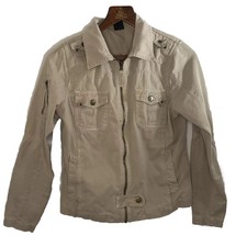 Lois Womens Khaki Long Sleeve Jean Jacket Full Zip Front Pockets Utility Coat M