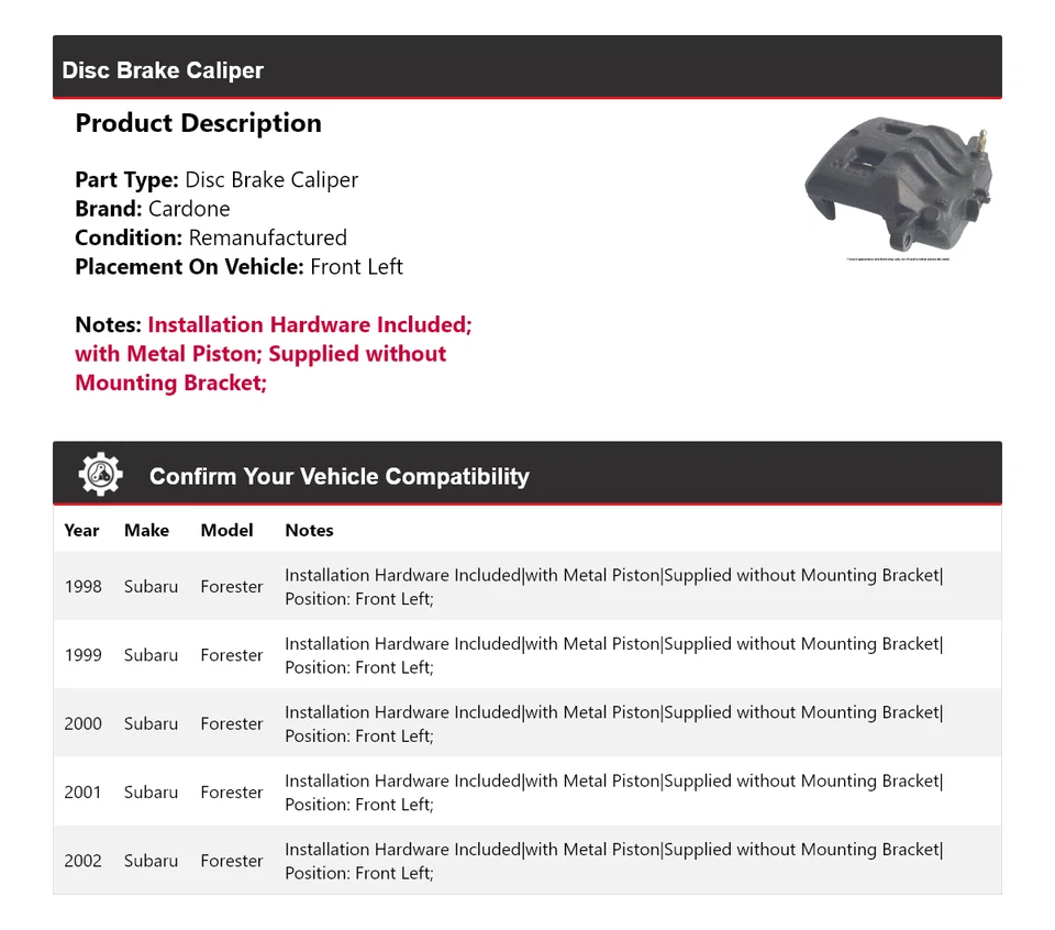 Pinza de freno de disco delantera izquierda cardone 1999 2000 para Subaru Forester 1998-2002 Foto 2 de 4