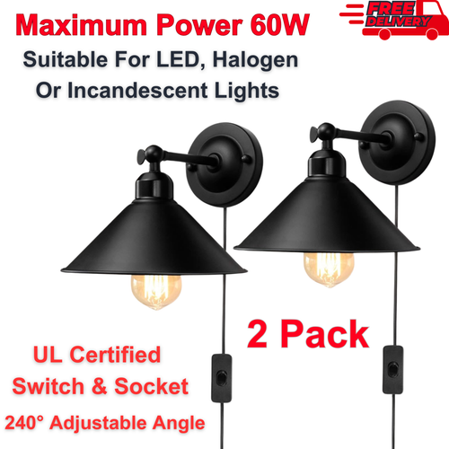 2 Black Swing Arm Light Industrial Wall Sconce Plug in Light for Bedroom Reading - Picture 9 of 9