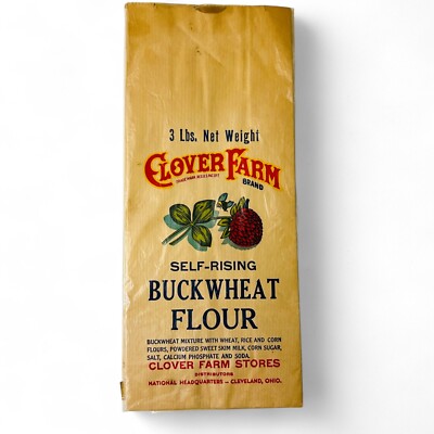 Vintage Clover Farm Buckwheat Flour Bag   3 lb Paper Sack, Ohio, Unused