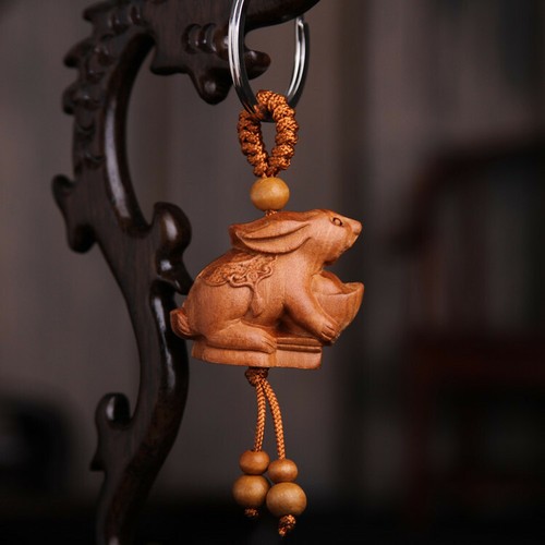 Ciondolo anello portachiavi statua animale zodiaco cinese dodici intaglio legno 3D - Foto 4 di 27